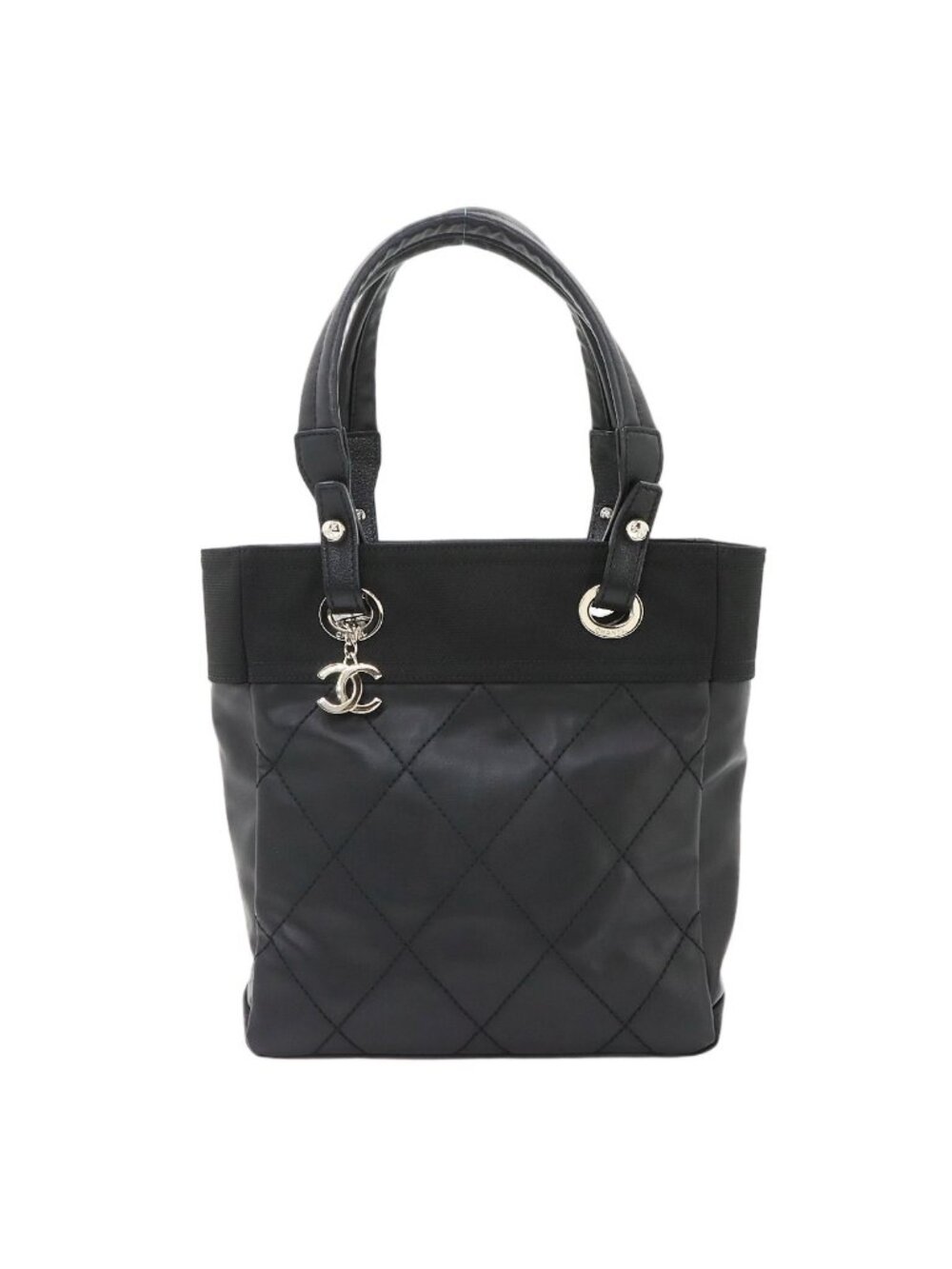 Chanel Paris Biarritz PM Tote Bag Nylon Leather Black Silver